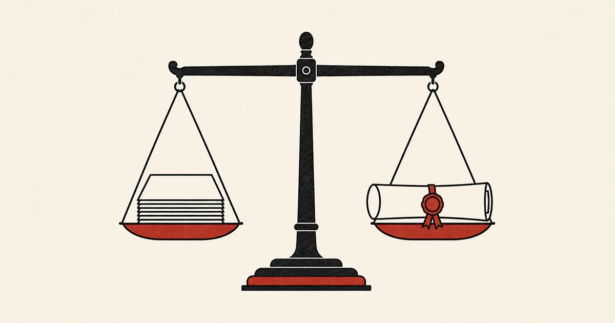 Two-color print illustration of a balance scale weighing a stack of documents against a certificate with a wax seal.